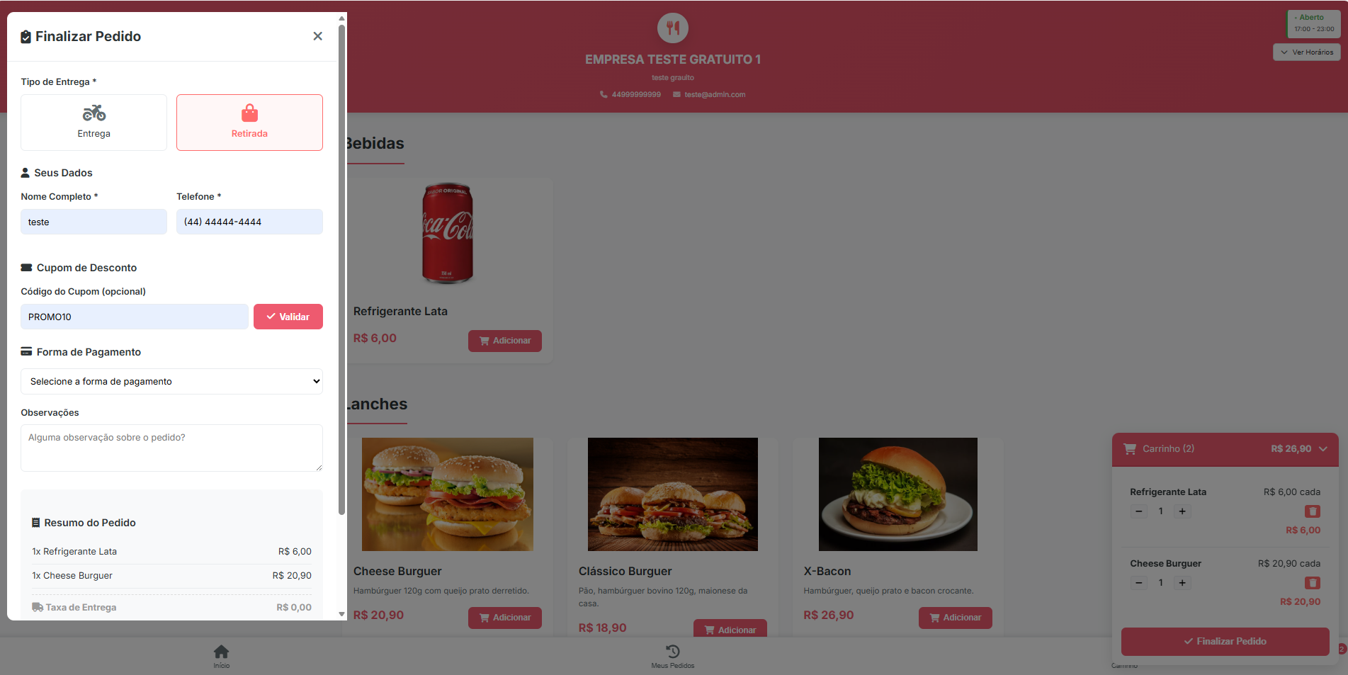 Formulário de finalização de pedido