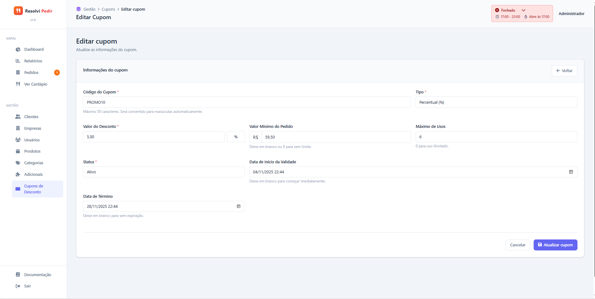 Editor de cupom de desconto