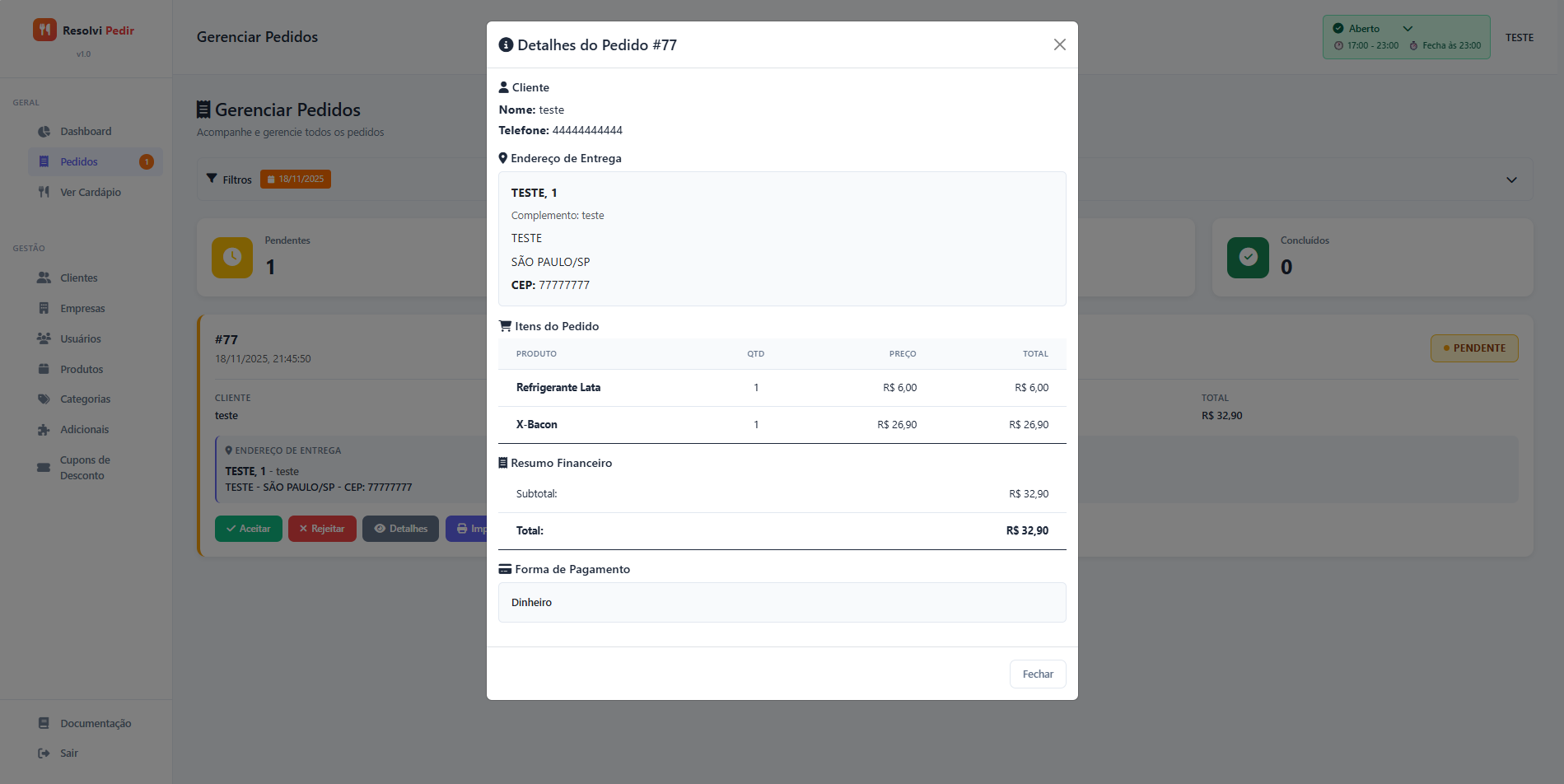 Detalhes do pedido completo