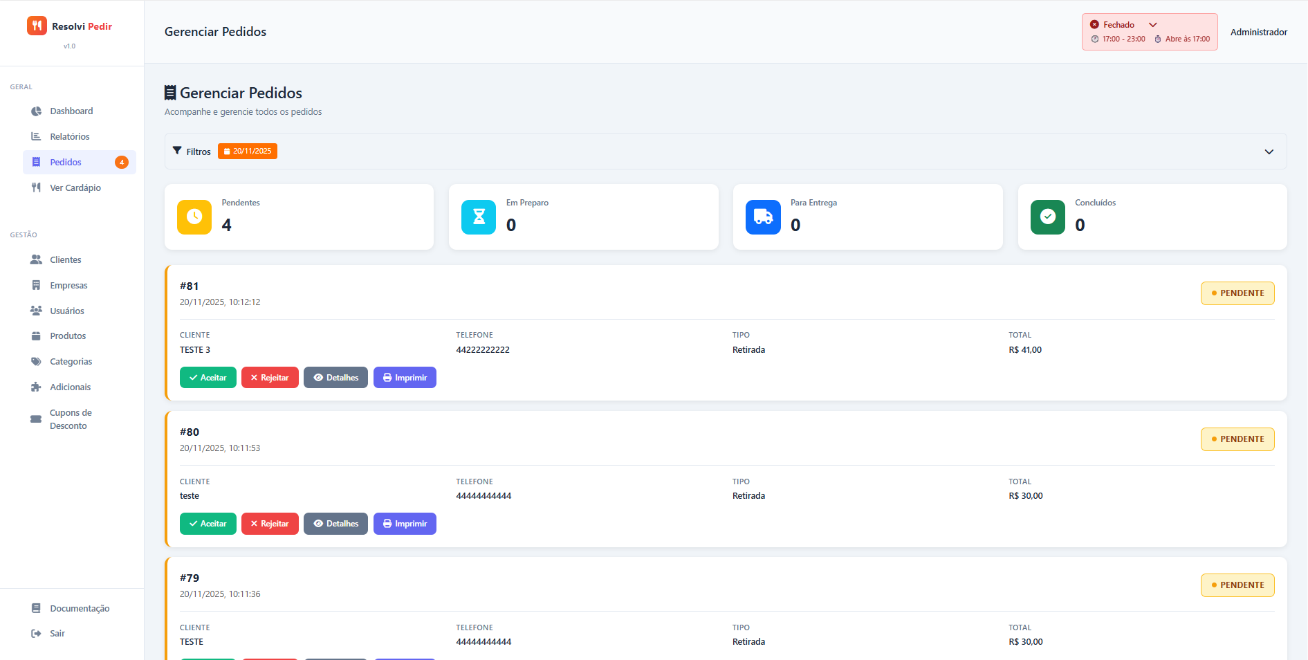 Gestão de pedidos no painel web