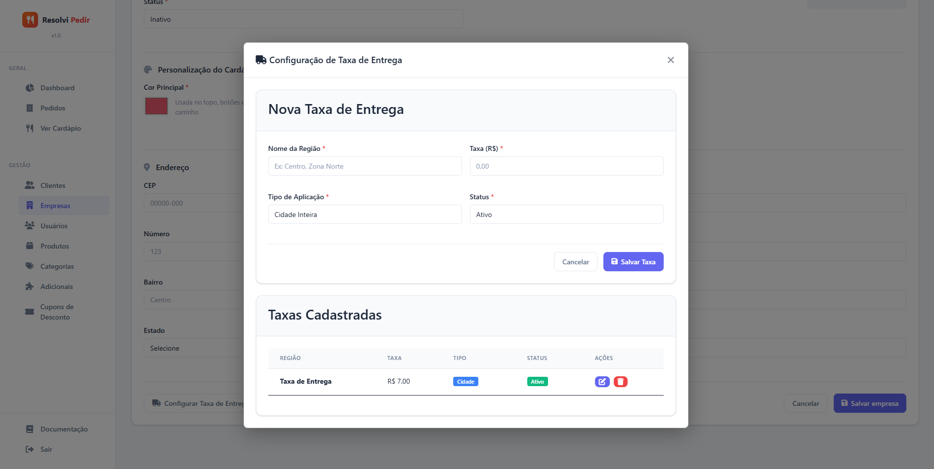 Tela de cadastro de taxa por região