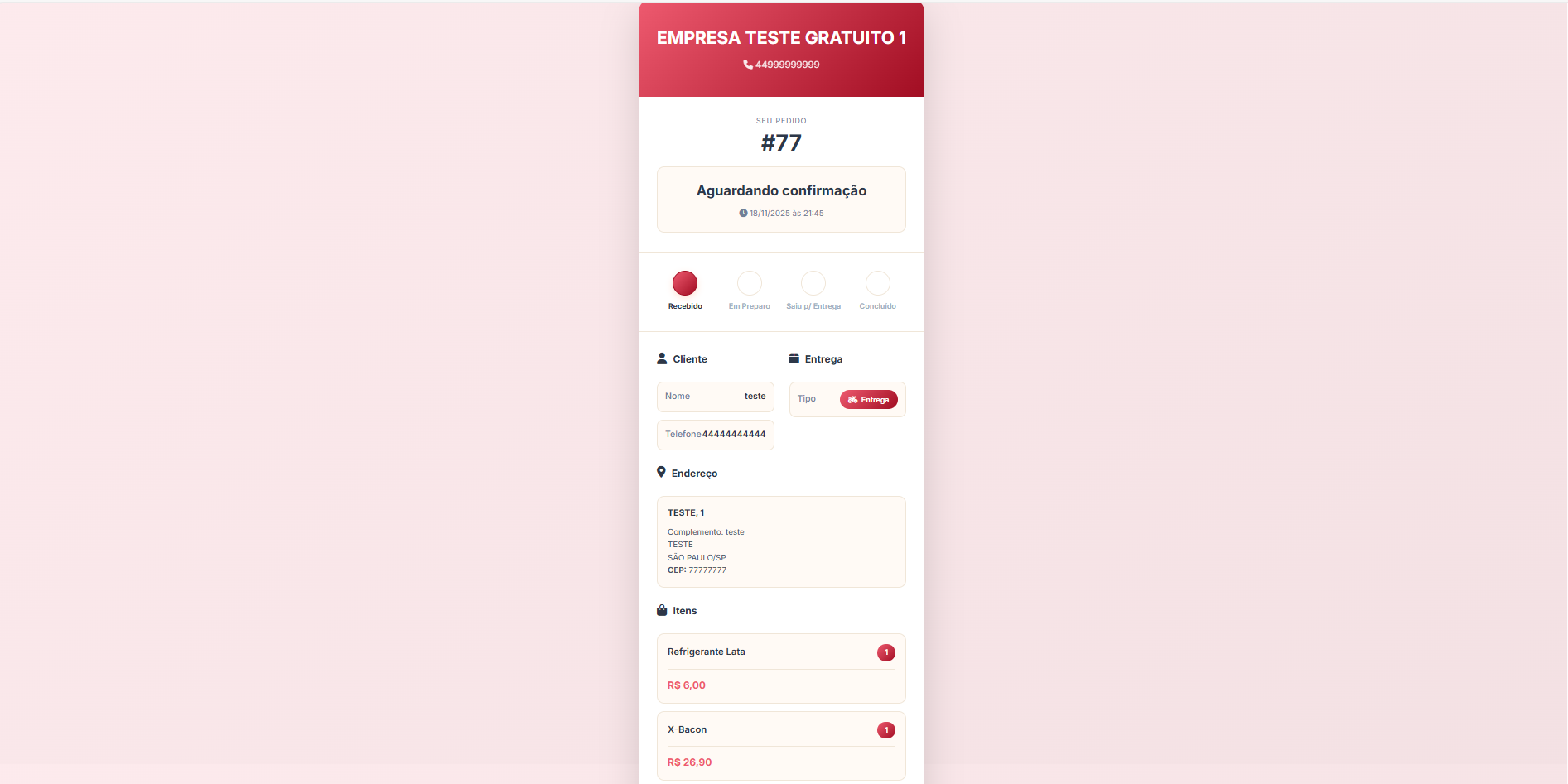 Acompanhamento de entrega no app