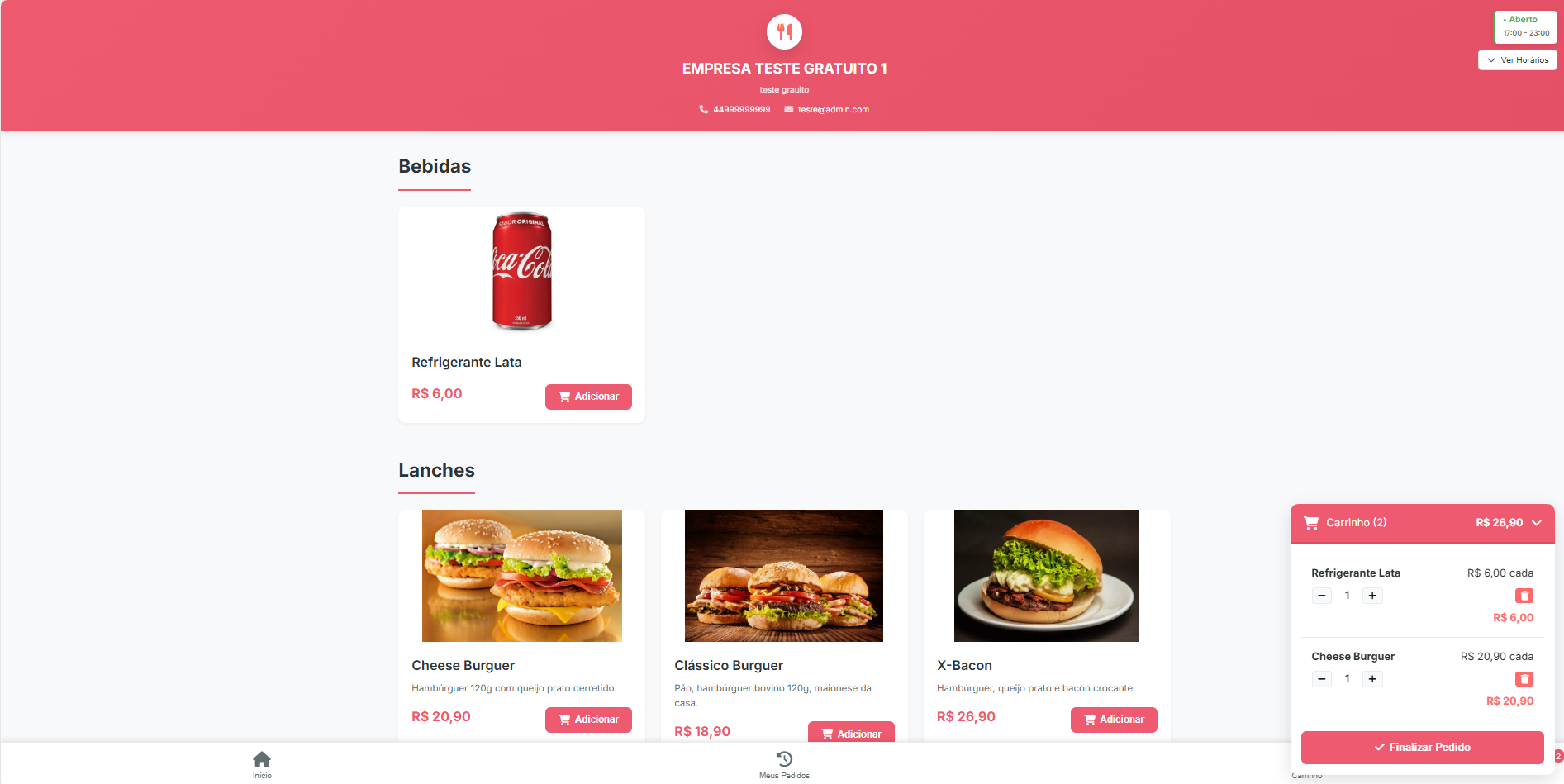Lista de produtos no cardápio